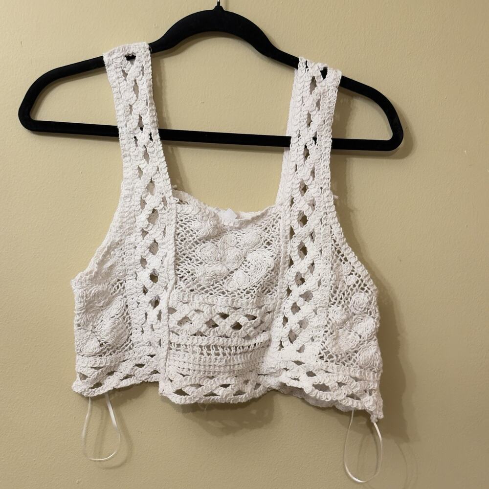 Cottagecore Boho Festival Le Lis Crochet Crop Tank Top Cotton Floral Ivory S